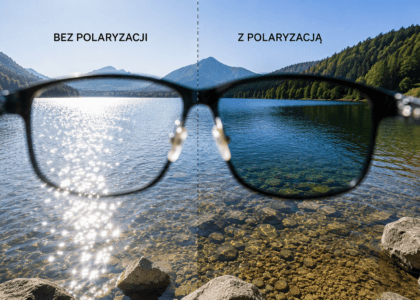 Porównanie widzenia przez okulary bez polaryzacji i z polaryzacją nad jeziorem – redukcja odblasków i lepszy kontrast obrazu