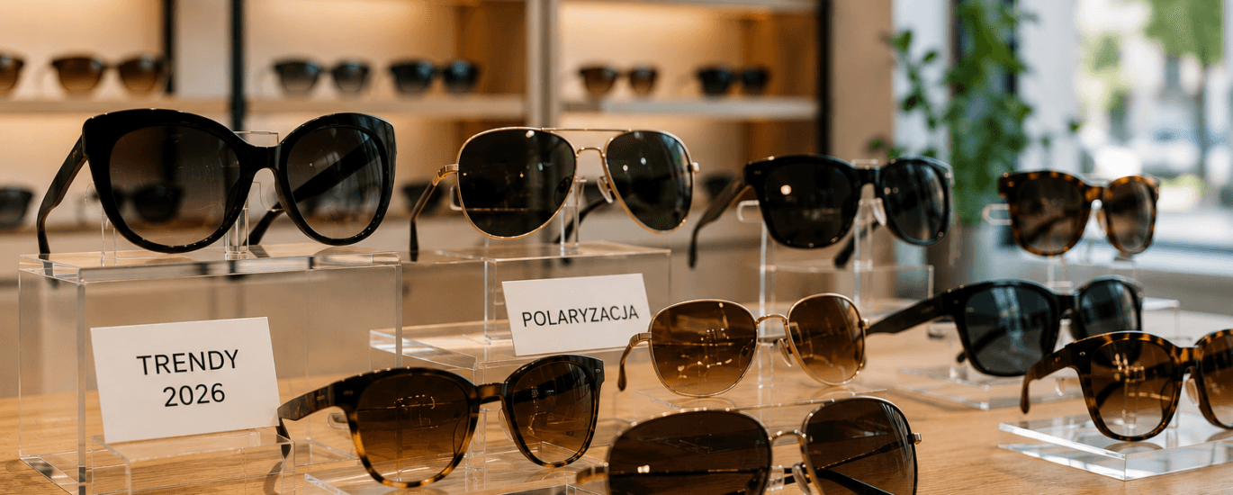 Modne okulary przeciwsłoneczne prezentujące aktualne trendy sprzedażowe i najpopularniejsze fasony wybierane przez klientów